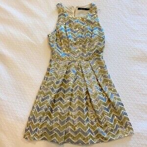 NWT White and Gold Sequin Chevron Pleated Dress